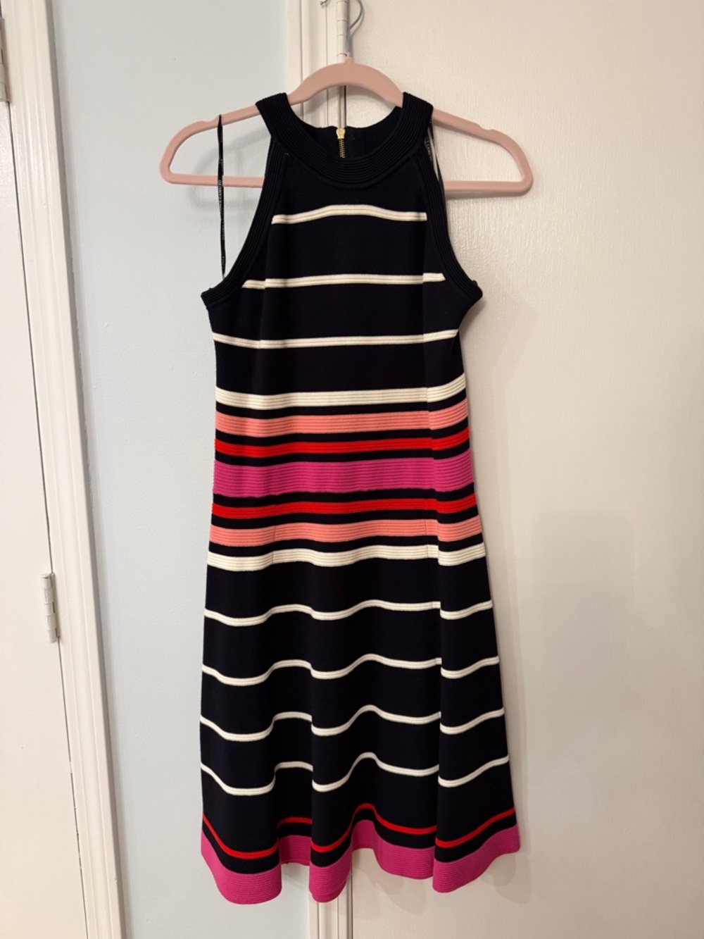 Vince Camuto Black Midi Dress with White, Pink and Coral Stripes